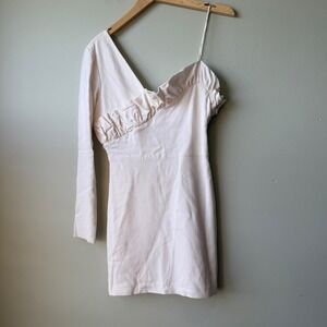 Zara One Shoulder Mini Dress Ruffle Detail Cream Long Sleeve Party Cocktail